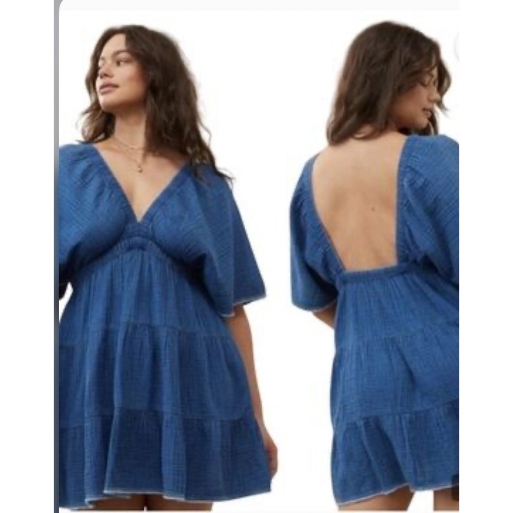 Aerie Blue Pool to Party Gauze Tiered Mini Dress Flutter Sleeve V Neck XS - Picture 3 of 12